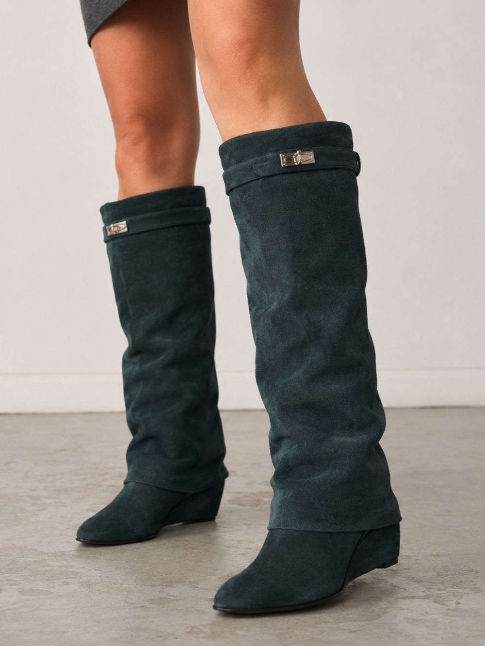 Givenchy Knee High Dark Green Shark Tooth  Tall Suede Boots. Size 41.